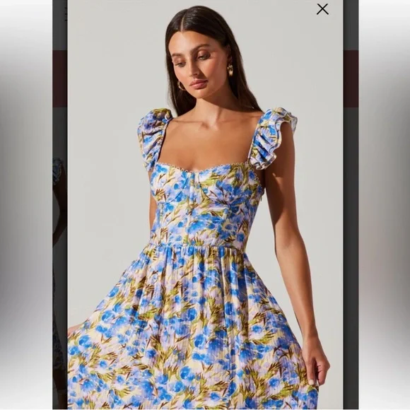 astr the label wedelia blue floral ruffle bustier midi spring summer dress small - Picture 7 of 9